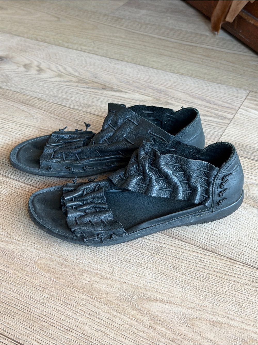 Loints of Holland Black Leather Fringe Sandals